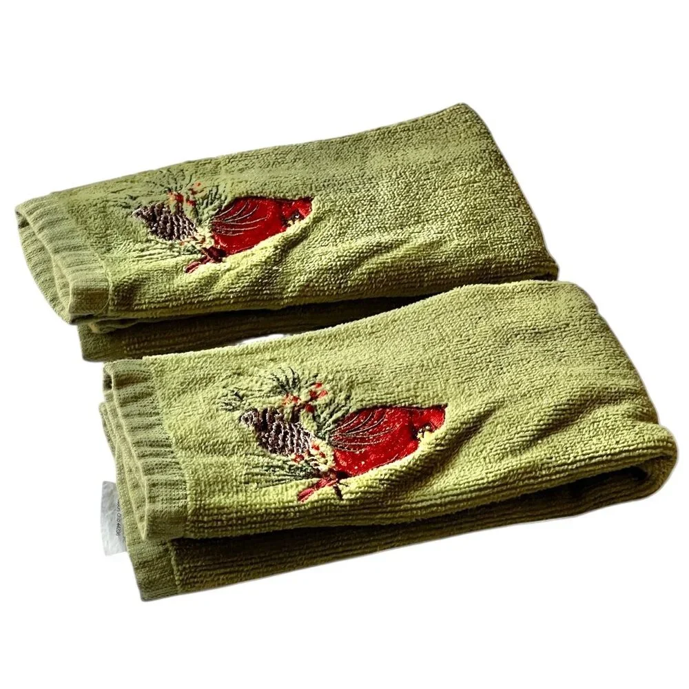 Set Of 2 Green Christmas Hand Towels Red Cardinal Embroidery 17